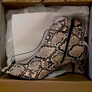 Cream Snakeskin Heeled Boots with Pointed Toe and Kitten Heel